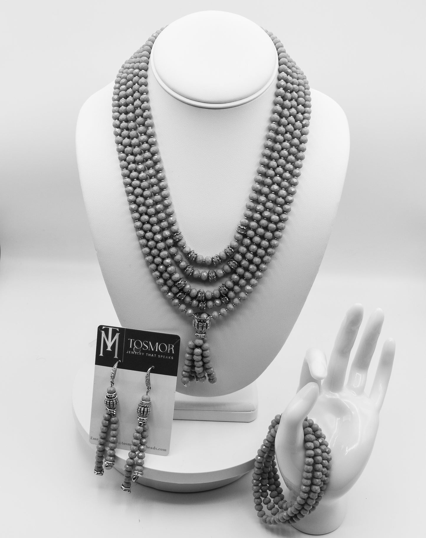 Elegant Ash Grey Multi-Layer Beaded Necklace